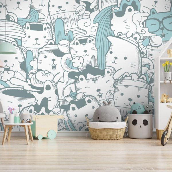 Blue Cartoon Cats Covered Wall Mural