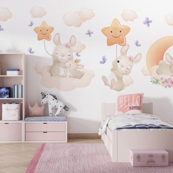 Cloudy Sky And Cute Rabbits Wall Mural