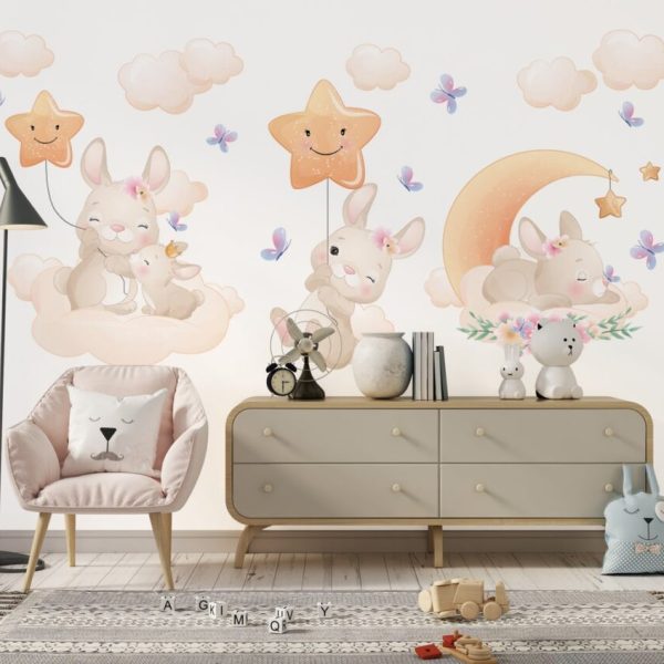 Cloudy Sky And Cute Rabbits Wall Mural