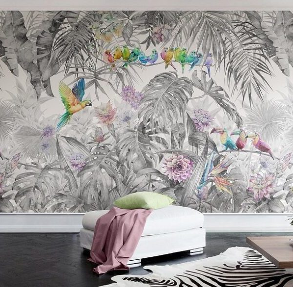 Gray Floral Colorfun Bird Wall Mural