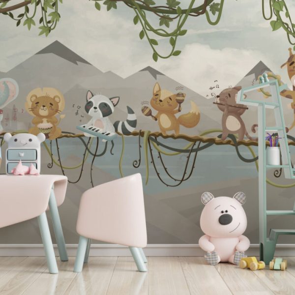 Animals Making Music On String Wall Mural