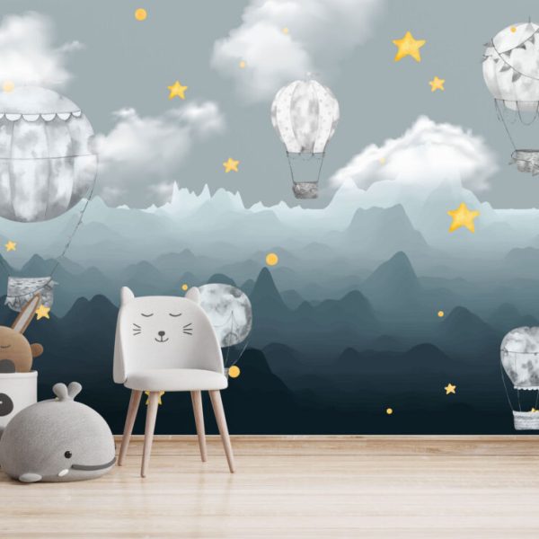 Blue Flying Balloons Mountain Wall Mural