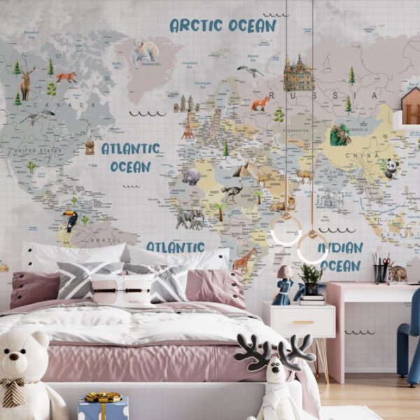 Cute Animal World Map For Kids Wall Mural