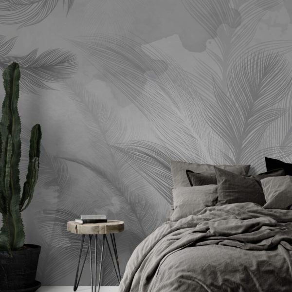 Soft Tropical Black White Leafy Wall Mural