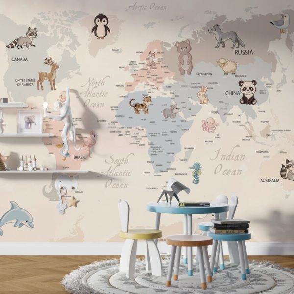 Children Map Animal Patterns 3D Wall Mural