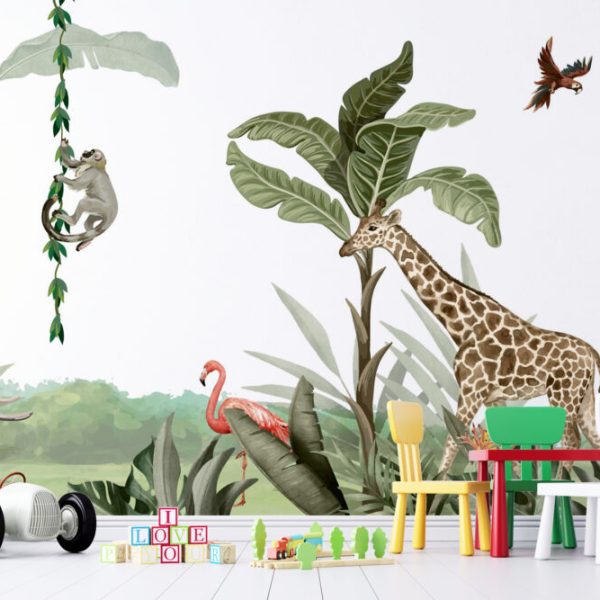 Elephant And Giraffe 3D Wall Mural