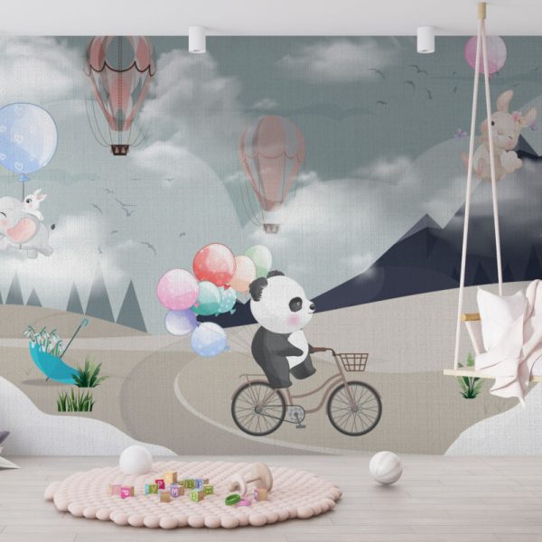 Bicycle Panda Flying Animals Wall Mural