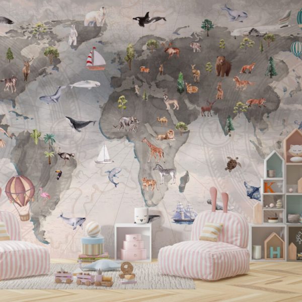 Kids World Map Animals Compass Wall Mural