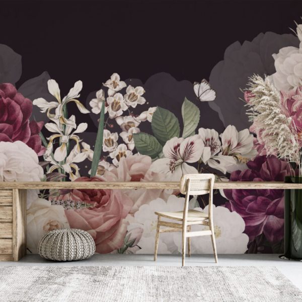 Colorful Roses Black Background Wall Mural
