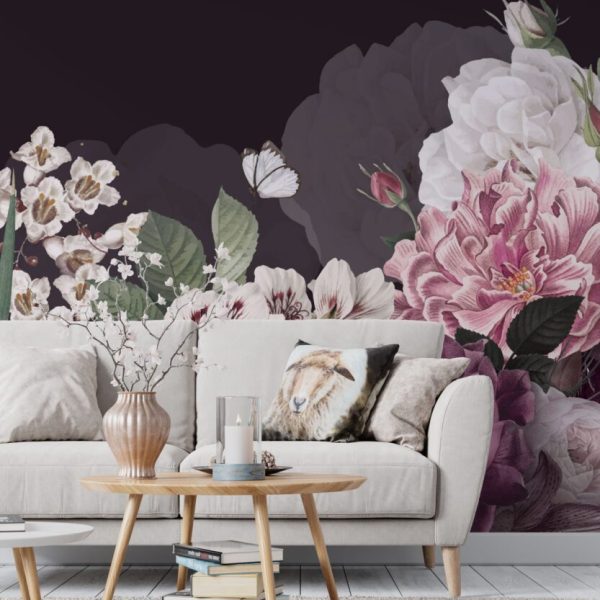 Colorful Roses Black Background Wall Mural