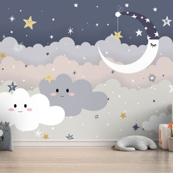 Smiley Moon And Clouds Sky Wall Mural