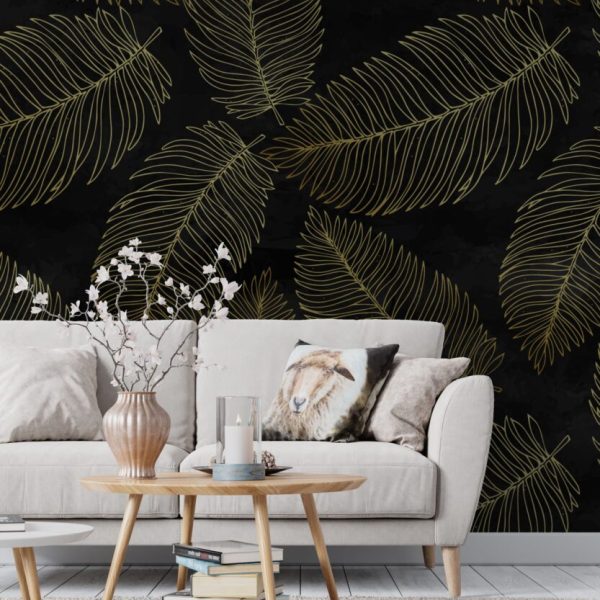 Leaves Black Background Wall Mural