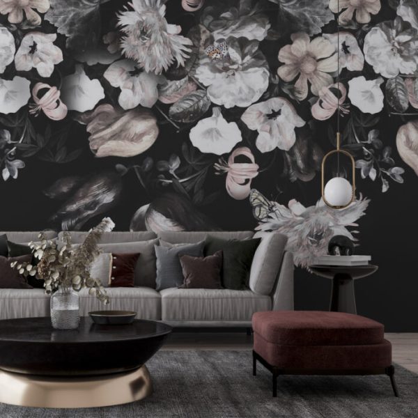 Soft Flowers Black Background Wall Mural