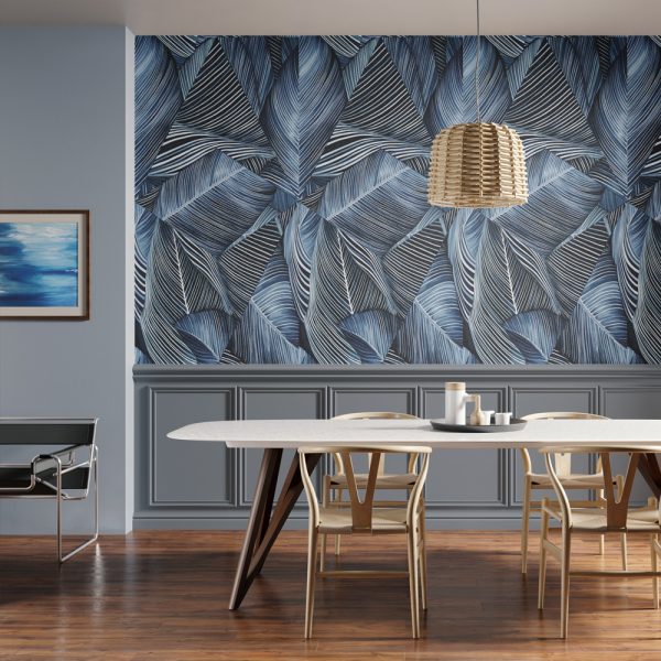 Linear Blue Color Leaves Wall Mural