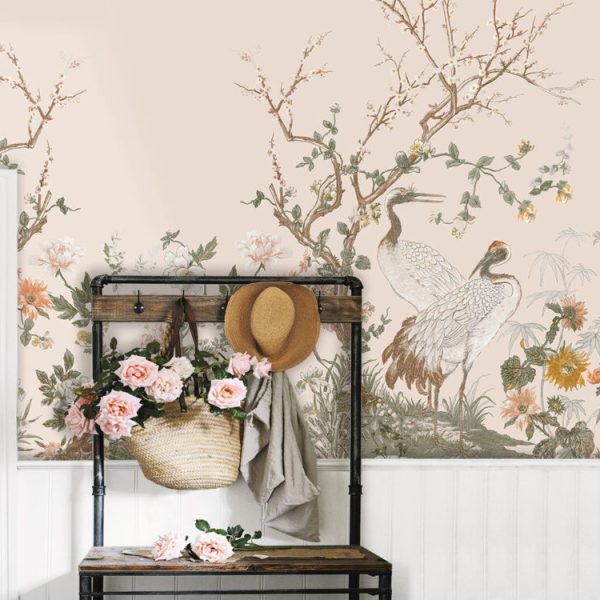 Crane Birds And Flowers Wall Mural
