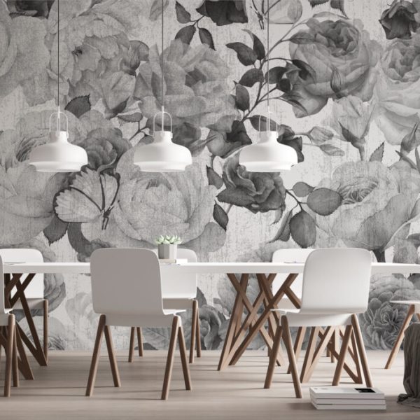 Black And White Textured Roses Wall Mural