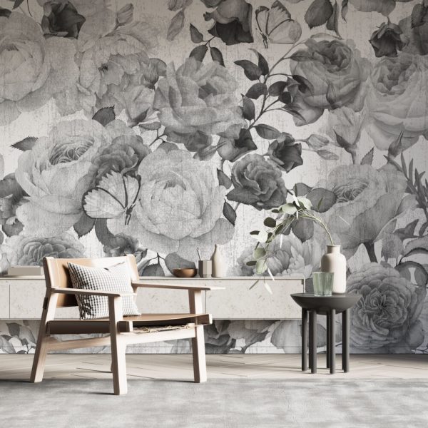 Black And White Textured Roses Wall Mural