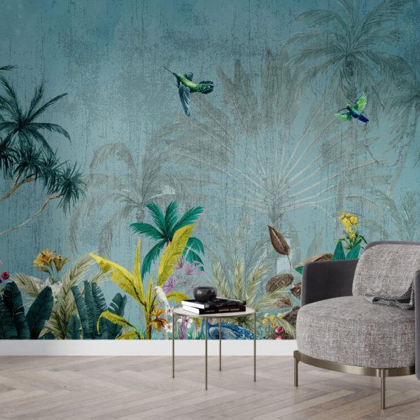 Flowers And Birds Turquoise Wall Mural