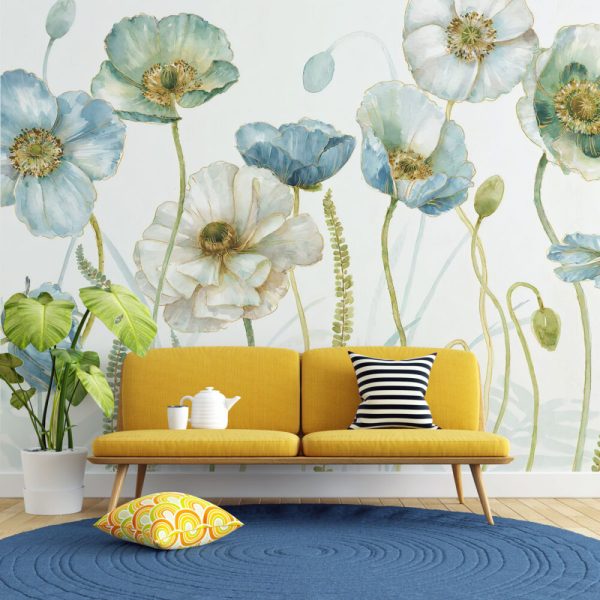 Gold Detailed Soft Flowers Wall Mural