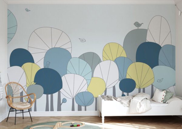 Trees And Birds Blue Tones Wall Mural