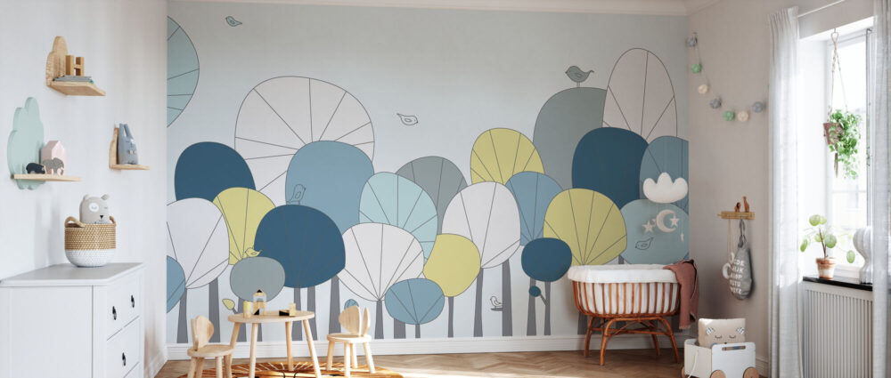 Trees and Birds Blue Tones Wall Mural