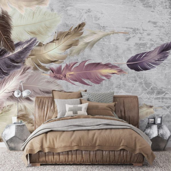 Colorful Feathers With Gray Wall Mural