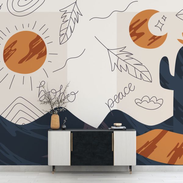 Bohemian Linear Sun And Moon Wall Mural