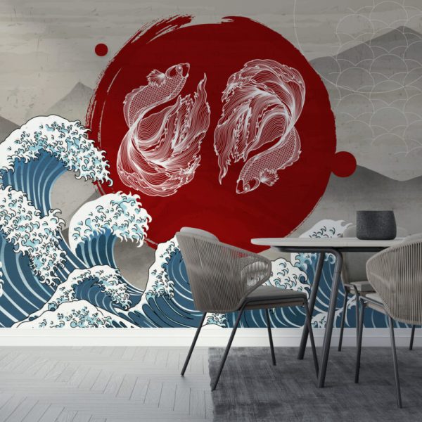 Waves And Koi Fish Pattern Wall Mural