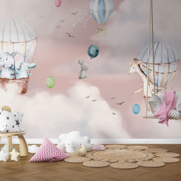 Balloon Flying Among Pink Cloud Wall Mural