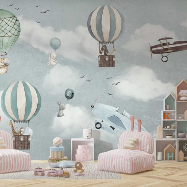 Animals Flying In Balloon Wall Mural