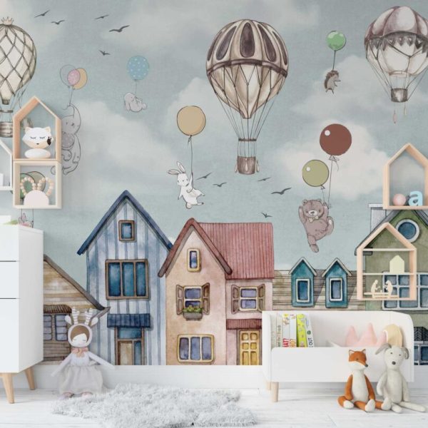Flying Balloons Above Houses Wall Mural