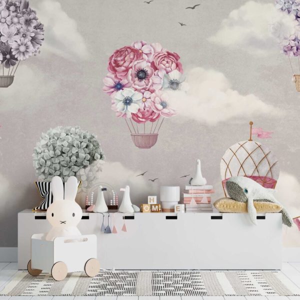 Pink And Floral Flying Balloons Wall Mural