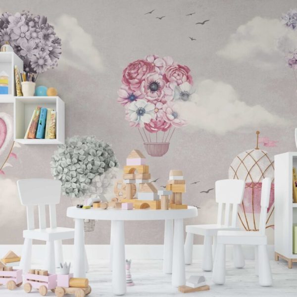 Pink And Floral Flying Balloons Wall Mural