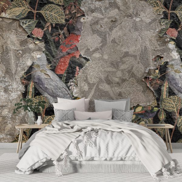 Ripped Look Flowers Birds Wall Mural