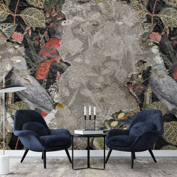 Ripped Look Flowers Birds Wall Mural