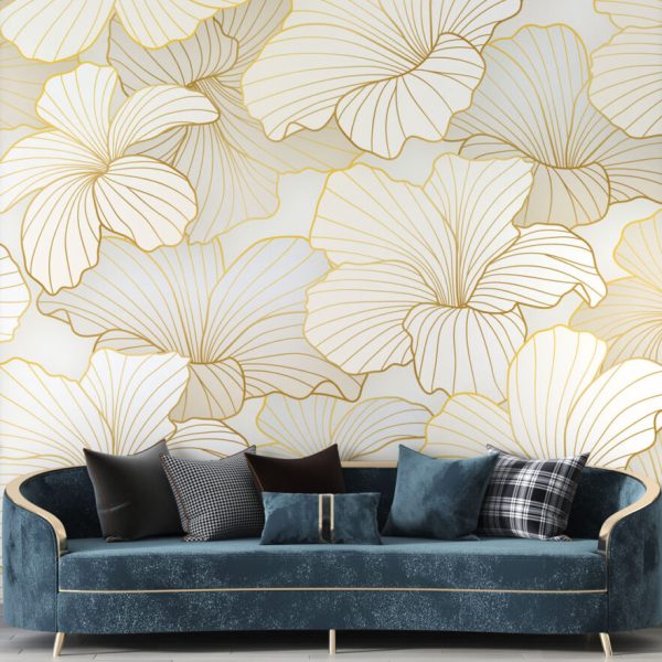 Gold Color Linear Lotus Flowers Wall Mural