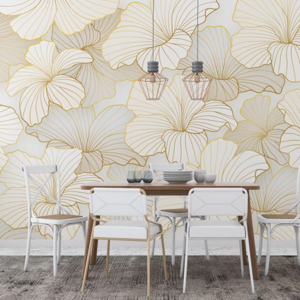Gold Color Linear Lotus Flowers Wall Mural