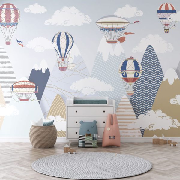 Mountains Flying Balloons 3D Wall Mural