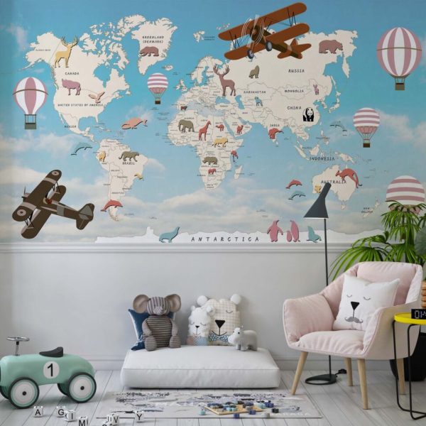 World Map Airplane And Balloons Wall Mural