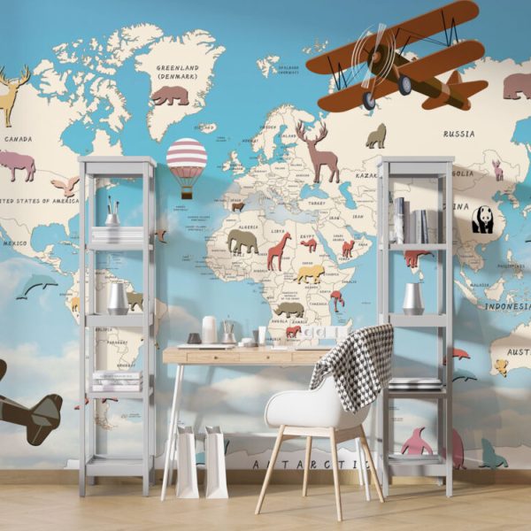 World Map Airplane And Balloons Wall Mural