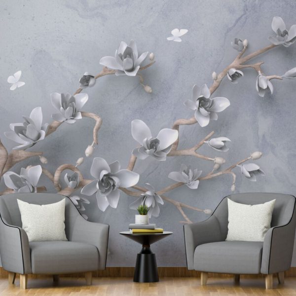 3D View Flowers On Branch Wall Mural