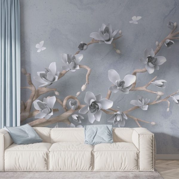 3D View Flowers On Branch Wall Mural