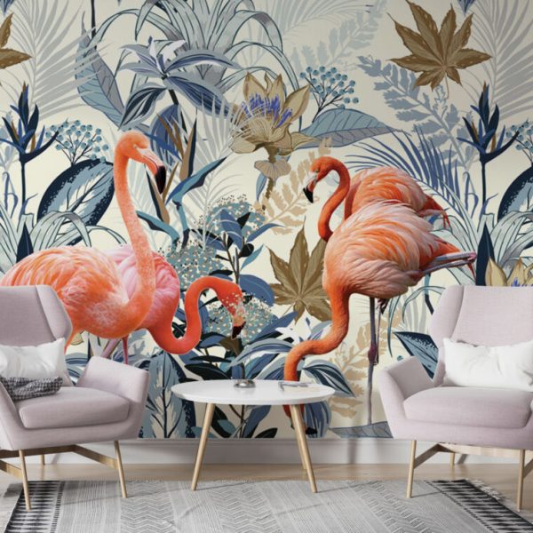 Flamingos And Blue Flowers Wall Mural