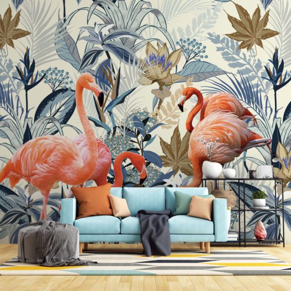 Flamingos And Blue Flowers Wall Mural