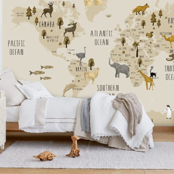 Animal World Map Kids Wall Mural