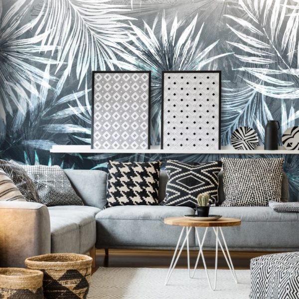 Textured Blue Tropical Leaves Wall Mural