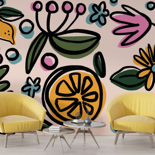 Orange And Big Flowers Color Wall Mural