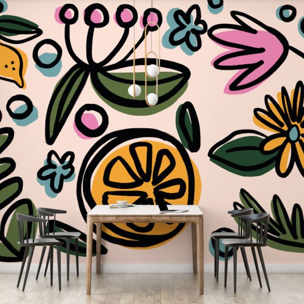 Orange And Big Flowers Color Wall Mural