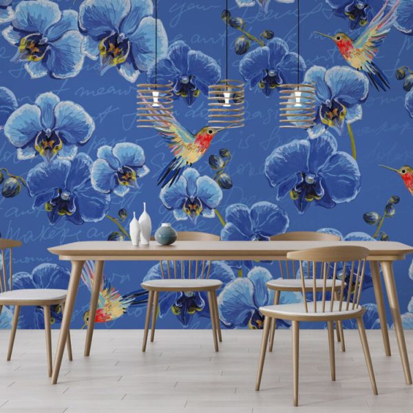 Blue Flowers And Birds Wall Mural