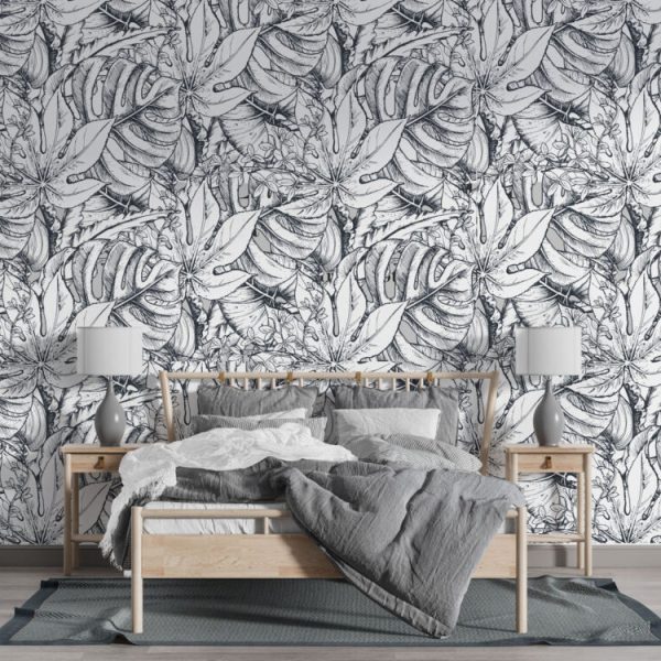 Black And White Tropical Leaves Wall Mural